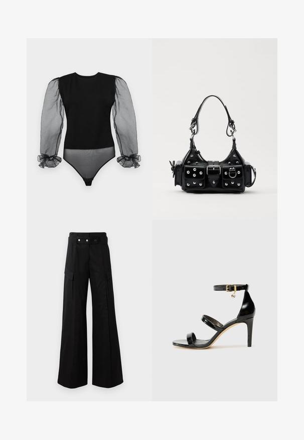Bodysuit noir avec un corps en tissu uni et des manches transparentes, bouffantes et en organza avec des poignets à volants. Texture lisse et design ajusté.; Pantalons larges noirs avec une taille haute, dotés de grandes poches latérales, de deux boutons à l'avant et d'un détail en boucle. Fabriqués en tissu résistant.; Sandale en cuir verni noir avec trois brides, boucle de cheville et talon aiguille de 10 cm. Présente un détail en métal doré et un charm logo.; Sac à main en cuir noir au design courbé, avec des clous en argent, une boucle et deux poches latérales. Bandoulière réglable pour différentes options de transport.