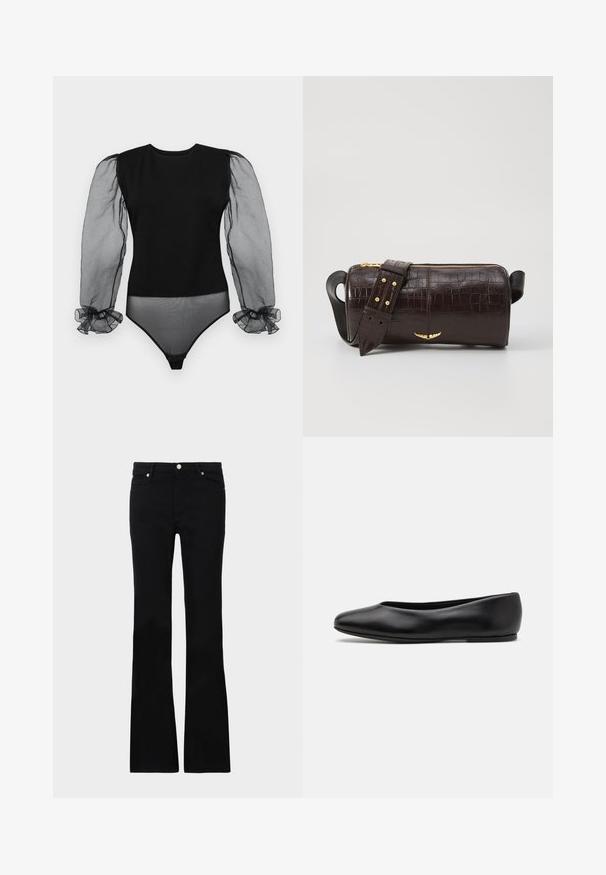 Musta body, jossa on kiinteä kangas ja läpikuultavat, puffy sheer -hihet, joissa on röyhelövarsi. Tasainen kangas ja slim fit -muotoilu.; Mustat levenevät farkut, valmistettu denimi- materiaalista, varustettu kahdella etutaskulla, napin sulkimella ja sileällä pinnalla. Alussa näkyviä erityisompeleita.; Paul Smith TOPANGA - Ballerinat - black; Ruskea krokotiilinkuosilla varustettu nahkalaukku, jossa on sylinterimäinen muoto, kultasävyiset yksityiskohdat ja irrotettava hihna, jossa on niittejä.