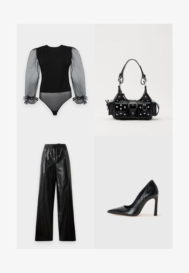 Čierny body s pevnou tkaninou a priesvitnými, nadýchanými rukávmi s volánovými manžetami. Hladký povrch a priliehavý strih.; Čierne kožené nohavice so širokými nohavicami, elastickým pásom, sťahovacou šnúrkou a zlatými kovovými doplnkami. Hladká textúra a voľný strih.; Čierna lodička s špicatou špičkou a lakovanou textúrou krokodíla, s elegantným dizajnom, vysokým stiletto podpätkom a hladkým čiernym interiérom.; Čierna kožená kabelka s zakriveným dizajnom, doplnená striebornými cvočkami, prackou a dvoma bočnými vreckami. Nastaviteľný popruh poskytuje rôzne možnosti nosenia.