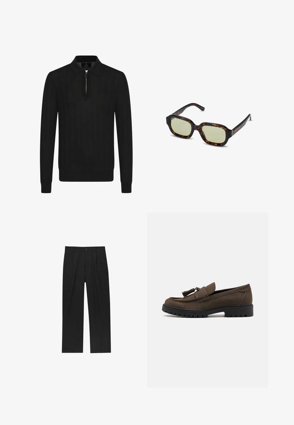 Černý pletený polo svetr s dlouhým rukávem a zipovým výstřihem. Má ribbovaný vzor a pevné černé manžety a lem.; Černé kalhoty s rovnými nohavicemi, vyrobené z hladké tkaniny. Mají přední záhyby a jedno knoflíkové zapínání v pase.; Hnědé semišové mokasíny s hladkým svrškem, zaoblenou špičkou a dekorativními třásněmi. Mají robustní černou gumovou podrážku pro lepší přilnavost.; Želvovinové sluneční brýle se zeleně zabarvenými skly, obdélníkový tvar, široké rámy a hladký povrch. Akcenty na spáncích.