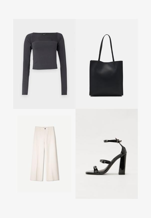Long-sleeve, cropped top in dark gray fabric with a smooth texture. Features a square neckline and fitted design.; Cream wide-leg trousers with a tailored design, featuring two front pockets and a single front button closure, made from smooth fabric.; Black patent heeled sandals with a square toe, ankle straps, and silver buckles. Features a chunky block heel for stability.; Black leather tote bag with smooth texture, rectangular shape, and two long handles. No visible hardware or embellishments.