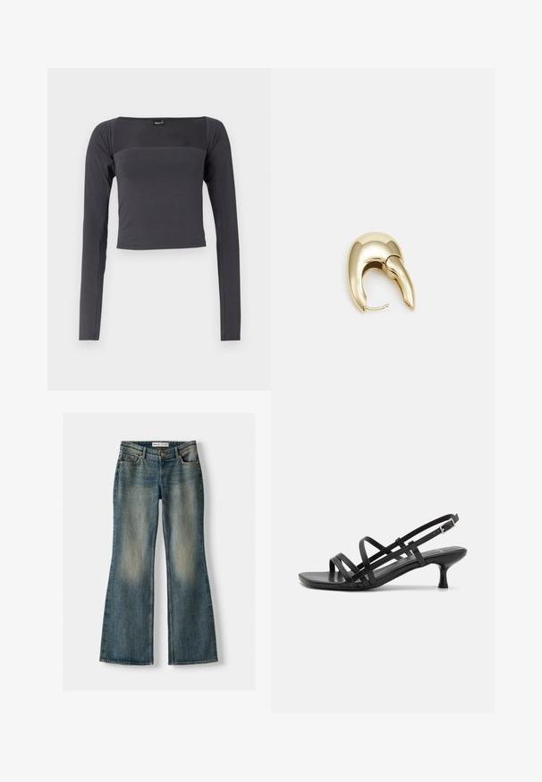 Langärmliges, kurzes Oberteil aus dunkelgrauem Stoff mit glatter Textur. Es hat einen quadratischen Ausschnitt und eine eng anliegende Passform.; Blaue Schlagjeans mit einem ausgewaschenen Look, fünf Taschen und einem Knopfverschluss. Das Material zeigt eine Denim-Textur mit dezenten Stickdetails.; Schwarze High Heels Sandalen mit mehreren überkreuzten Riemen. Glattes Material, spitze Zehenpartie und schmaler Absatz. Verstellbarer Knöchelriemen mit Schnalle.; Ohrringe aus goldfarbenem Metall mit einem schlanken, geschwungenen Design. Sie verfügen über eine markante, spitze Form, eine polierte Oberfläche und einen Scharnierverschluss.