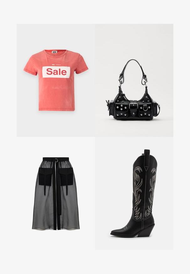 Czerwona koszulka z krótkim rękawem, wykonana z bawełny, z białym prostokątem z napisem "Wyprzedaż" na czerwono wytłuszczonym fontem oraz okrągłym dekoltem.; Czarna przezroczysta spódnica z marszczeniem w pasie, posiadająca dwie dużej wielkości kieszenie z przodu, pasek w talii oraz okrągły metalowy akcent.; Czarne skórzane kowbojskie buty z wydłużonymi noskami, obcasem typu koturn oraz srebrnymi haftowanymi wzorami kwiatowymi wzdłuż cholewy. Kontrastowe szwy na całej długości.; Czarna skórzana torebka w zakrzywionym kształcie, z srebrnymi ćwiekami, klamrą i dwoma bocznymi kieszeniami. Regulowany pasek umożliwiający różne opcje noszenia.