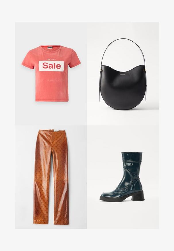 Rød kortærmet t-Shirt lavet af bomuld, med en hvid boks med "Udsalg" i fed rød skrift og en rund halsudskæring.; Brune faux læderbukser med en struktureret overflade og halvmåne mønster, højtaljet design og lige ben silhuet.; MIISTA MALENE - Høje støvler/ Støvler - navy; Sort læder skuldertaske med en buet form, tyndt håndtag og diskrete guld accenter. Glat tekstur med minimalistisk design.