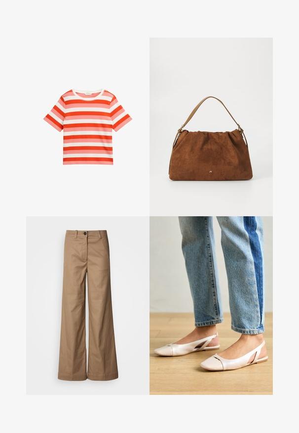 Ribakaga t-särk punaste, heledate roosade ja valgete horisontaalsete triipudega. Lühikesed varrukad, ümmargune kaelus, valmistatud siledast puuvillakobarast.; Laiad püksid, valmistatud siledast helepruunist kangast. Omavad eesmine nupukoht, vöökohad ja küljetaskud. Puhtad jooned, ilma nähtavate mustriteta.; Kahvatu roosa slingback lapikute jalatsite paar, millel on terav varvas, valmistatud siledast nahataolisest materjalist. Omab külgedel lõikekohti ja lapikut kontsa.; Pruun nubukist käekott, millel on kokku tõmmatud disain, ühesaanvärvilise naha rihmaga ja esiküljel peen kuldne logo detail.