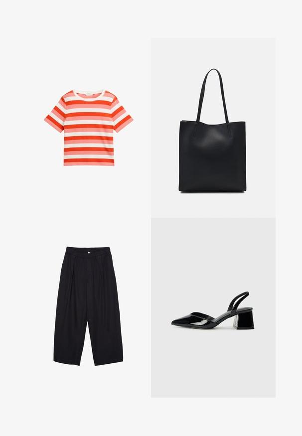 Pruhované triko s červenými, světle růžovými a bílými vodorovnými pruhy. Krátké rukávy, kulatý výstřih, vyrobeno z hladké bavlněné tkaniny.; Černé polyesterové culotte kalhoty s elastickým pasem, dvěma předními sklady a volným siluetou. Žádné viditelné vzory ani kovové detaily.; Černé lakované kožené lodičky na pásku s špičatou špičkou a geometrickým blokovým podpatkem. Vyznačují se elegantním, minimalistickým designem a hladkým povrchem.; Černá kožená taška přes rameno s hladkým povrchem, obdélníkovým tvarem a dvěma dlouhými uchy. Žádné viditelné kování ani ozdoby.