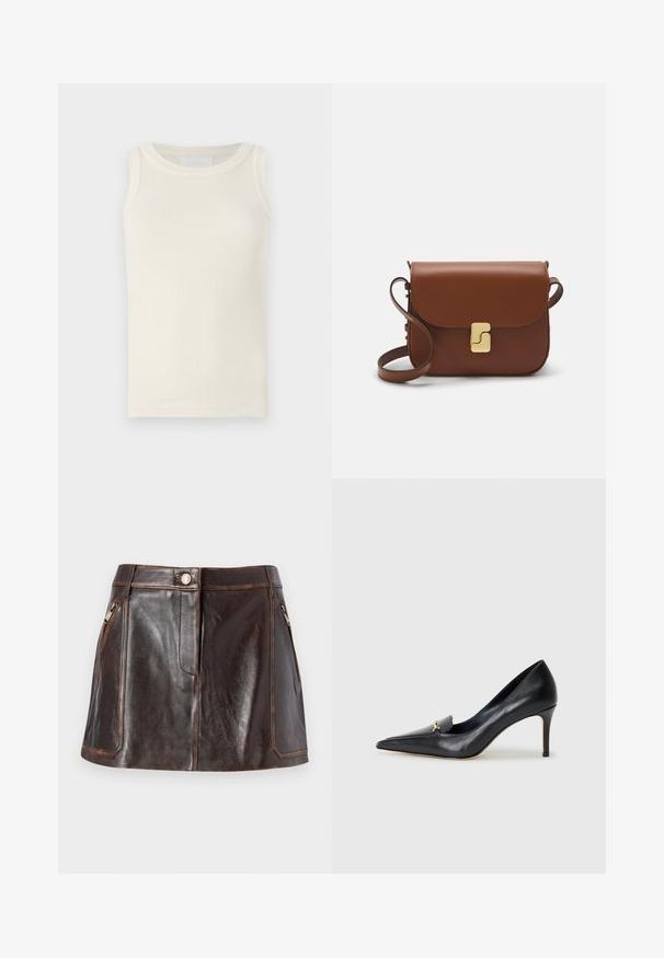 Top a costine senza maniche di colore bianco sporco. Presenta un collo rotondo e una texture sottile. Design semplice senza loghi o motivi visibili.; Mini gonna in pelle marrone con un design elegante, due tasche laterali con zip e cuciture a contrasto lungo i bordi.; Décolleté in pelle nera con punta affusolata, scollatura bassa e un accento decorativo dorato. Presenta un tacco a stiletto e una superficie liscia.; Borsa a tracolla in pelle marrone con chiusura a pattina, hardware color oro, tracolla e una finitura liscia. Forma rettangolare compatta.