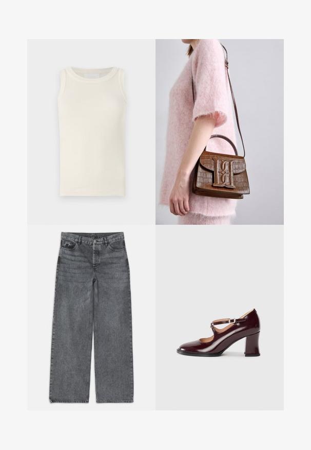 Ribbed, sleeveless top in off-white. Features a round neckline and subtle texture. Simple design with no visible logos or patterns.; Wide-leg jeans in dark gray denim. Features a high waist, five-pocket design, and front button closure. Smooth texture with subtle fading.; Burgundy patent leather heel with a rounded toe, featuring a strap and buckle across the front, and a sturdy block heel.; Brown crocodile-embossed handbag with a top handle and shoulder strap. Features a prominent logo on the front flap. Soft texture.