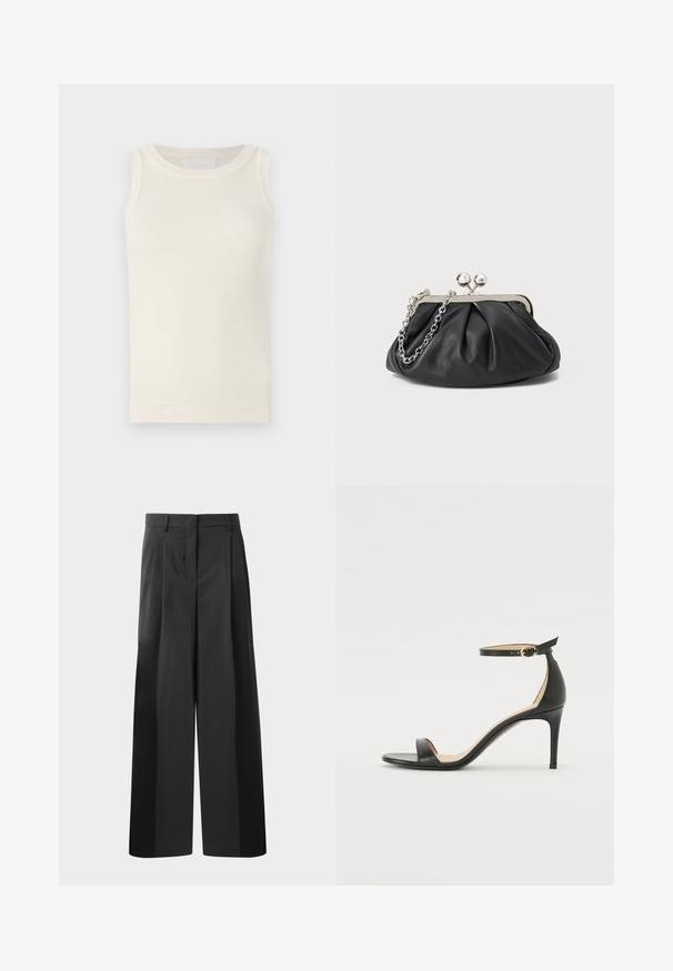 Geripptes, ärmelloses Oberteil in Off-White. Hat einen runden Halsausschnitt und eine subtile Textur. Einfaches Design ohne sichtbare Logos oder Muster.; Schwarze, weit geschnittene Hose mit hoher Taille, versehen mit Frontfalten, einer glatten Textur und einem maßgeschneiderten Finish. Entworfen für eine lockere Passform.; Schwarze Leder-high-heeled Sandale mit Knöchelriemen. Verfügt über eine glatte Textur, offene Zehen und einen dünnen Absatz. Goldfarbener Schnallenakzent.; Schwarze Leder-Clutch mit geraffter Textur, silberfarbener Metallrahmen, Druckverschluss und Kettenriemen. Glatte, weiche Oberfläche.