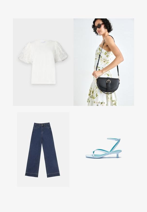 White t-shirt with short, puffed sleeves made of sheer fabric featuring floral embroidery. Crew neckline, relaxed fit, smooth texture.; Wide-leg jeans in dark blue denim. Features five pockets, belt loops, and a raw hem at the bottom with visible stitching details.; Light blue strappy sandal with a square toe, low heel, adjustable ankle strap, and smooth, glossy finish. Crossed straps on the footbed.; Black leather handbag with a curved shape, detachable strap, and gold hardware. The bag features a flap with a buckle detail.