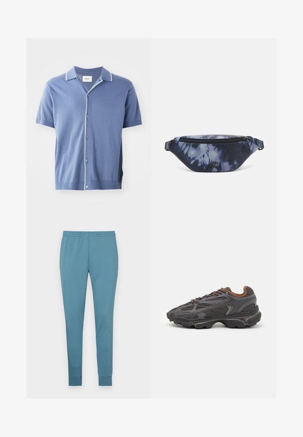 NN.07 NOLAN - Camicia - blue; Pantaloni della tuta azzurro chiaro realizzati in tessuto morbido, con un design affusolato, vita elasticizzata e orli a costole. Piccolo logo sul lato.; Sneaker Lacoste grigie scure in materiale mesh e sintetico, con suola testurizzata e dettagli marroni sul colletto e sul branding.; Marsupio in stampa tie-dye blu scuro con una parte superiore con zip, materiale testurizzato e un logo ben visibile sul davanti.