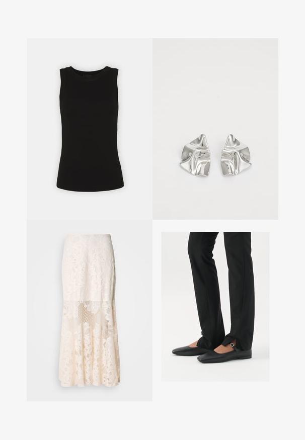 Musta hihaton toppi, joka on valmistettu ribbikuvioidusta puuvillasta, ja jossa on pyöreä pääntie sekä slim fit -leikkaus.; Kermakuvioinen midi-hame; siinä on kerroksellinen rakenne, läpinäkyviä osia, teksturoitua pitsiä ja levenevä helma.; Musta nahkakengät balettityylillä, kärjessä terävä muoto, hihna hopeasoljella, yhdistetty mustiin räätälöityihin housuihin, joissa on halkiohelma.; Hopeakauppaketju, jossa on aaltoileva, veistoksellinen muotoilu ja kiiltävä pinta, esittelee epäsäännöllisiä muotoja, korostaen nykyaikaista estetiikkaa.