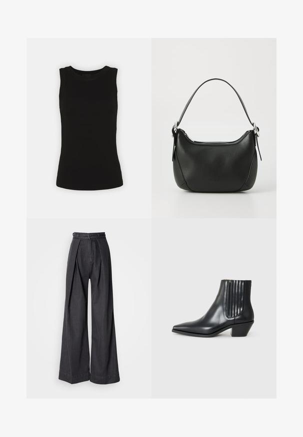 Črna brezrokavna majica iz rebrastega bombaža, z zaobljenim ovratnikom in prilegnjeno silhueto.; Široke črne usnjene hlače z visokim pasom, ki imajo sprednje naborke in klasično zadrgo. Ostro, gladko teksturo s čistim zaključkom.; Črne usnjene gležnjarje s koničastim nosom, elastičnimi stranskimi paneli z navpičnimi utori in nizko blokasto peto. Gladka tekstura in eleganten dizajn.; Črna usnjena torbica s curved obliko, srebrnim zadrgo in kratkim ročajem. Na sprednji strani se nahaja subtilen logotip in gladka tekstura.