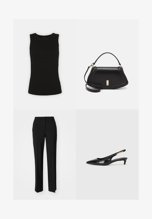 Black sleeveless tank top made of ribbed cotton, featuring a rounded neckline and a fitted silhouette.; Black tailored trousers with a straight-leg design, featuring a smooth texture and crisp creases along the front. No visible hardware.; Black leather slingback heels with a pointed toe, featuring a slim heel and a gold-tone accent on the adjustable strap. Smooth texture.; Black leather handbag with a structured design, featuring a cropped shape, top handle, and gold hardware accent. Adjustable shoulder strap included.