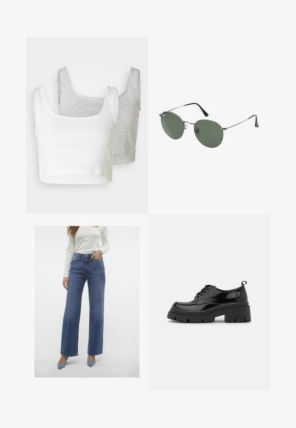 Twee geknipte tanktops: één in het wit, met geribbeld stof; de andere in lichtgrijs, met een gemeleerd textuur. Beide hebben brede bandjes en een ronde halslijn.; Donkerblauw denim shirt met een kraag, lange mouwen, dubbele borstzakken en contrasterende stiksels.; Lichtblauwe, hoge taille, wijde jeans met een vijf-pocket ontwerp, knoopsluiting en riemlussen, gecombineerd met een aansluitend wit langemouwtop.; Zwarte gepatineerde leren schoenen met een chunky platformzool en dikke veters. Ronde neus, minimale details en een kleine hieltab aan de achterkant.; Metalen zonnebril met ovale groene lenzen. Dunne zilveren metalen rand en zwarte oorstoppers. Minimalistisch ontwerp, zonder zichtbare logo's.