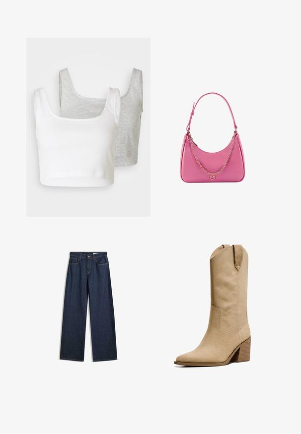 Two cropped tank tops: one white, ribbed fabric; one light gray, heathered texture. Both have wide straps and a rounded neckline.; Wide-leg dark denim jeans with five pockets, visible stitching, and a button closure. Features a straight fit and light distressing.; Bershka HIGH-HEEL - Cowboy/Biker boots - beige; Pink synthetic shoulder bag with a curved shape, smooth texture, removable chain strap, and a circular logo detail on the front.