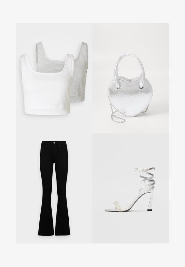 Du iškirpti tankų marškiniai: vienas baltas, su raštuota medžiaga; kitas šviesiai pilkas, su melange tekstūra. Abu turi plačius petnešas ir suapvalintą iškirptę.; Juodos aukšto liemens džinsai su mygtuku ir užtrauktuku, priekinėmis kišenėmis ir platėjančiomis kojomis, išdėstyti ant baltos fono.; Sidabrinė aukšto kulno sandalai su blizgiu diržo dizainu, featuring perlo panašus akcentas ir spiralinė kulkšnies dirželis saugiam prisitaikymui.; Sidabrinė metalinė širdies formos rankinė su dviem rankenomis, grandininiu diržu ir lygia textura. Yra metaliniai elementai ir siūti kraštai.