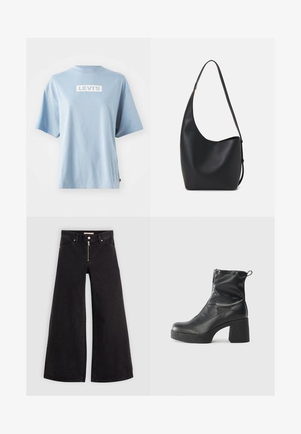 Light blue cotton t-shirt with short sleeves, featuring a white rectangular "LEVI'S" logo on the front and a loose fit design.; Wide-leg jeans in black denim with a zippered front, five-pocket design, and subtle stitching details. Smooth texture and casual style.; Black ankle boots made of smooth leather, featuring a side zipper, chunky textured heel, and rounded toe design.; Black leather hobo bag with a smooth texture, curved shape, and single adjustable strap; features a wide opening at the top.