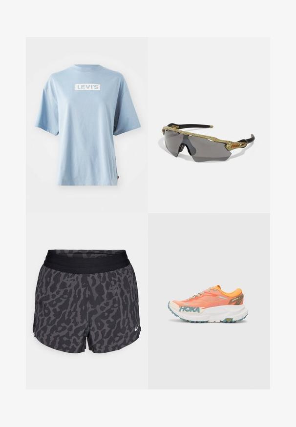T-shirt de algodão azul claro com mangas curtas, apresentando um logotipo retangular branco "LEVI'S" na parte da frente e um design de corte solto.; Calções de padrão de leopardo em preto e cinza com uma cintura elástica larga, apresentando um brilho subtil e um pequeno logotipo da Nike em branco no canto inferior direito.; Sapatilha de corrida laranja e rosa com parte superior em malha, entressola branca, sola Vibram e detalhes em azul claro. Apresenta a marca HOKA na lateral.; Óculos de sol desportivos com uma armação padrão verde, braços pretos e lentes cinzentas. O design apresenta um estilo envolvente com uma forma ousada e desportiva.