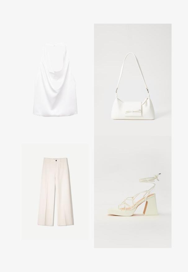 Biała bezrękawnikowa bluzka z drapowanym tyłem, wykonana z gładkiego materiału. Posiada okrągły dekolt i luźny, swobodny krój.; Kremowe spodnie szerokie z dopasowanym krojem, z dwoma przednimi kieszeniami i pojedynczym zapięciem na guzik z przodu, wykonane z gładkiego materiału.; Biała sandał na wysokim obcasie z masywnym słupkiem, z paskowym wzorem i wiązaniem przy kostce. Gładka faktura z platformą z przodu dla dodatkowej wysokości.; Biała syntetyczna torba o trójkątnym kształcie, płaskim przednim klapce i detalach w postaci kokardy, regulowanym pasku, gładkiej fakturze oraz minimalistycznym designie.