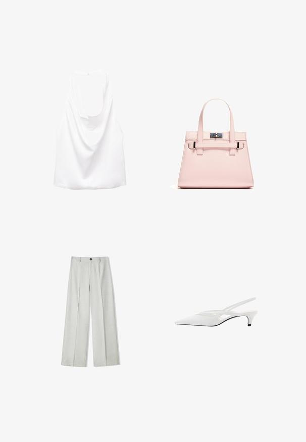 Hvid ærmeløs top med en draperet ryg, lavet af glat stof. Har en rund halsudskæring og en løs, afslappet pasform.; Lys grå brede benbukser lavet af et struktureret stof, med knaplukning og to plisser foran for ekstra detaljer.; Hvide slingback hæle med spids tå, der har en glat overdel, subtile udskæringer og en lav blokhæl. Den sorte sål fremhæver designet.; Rosa struktureret håndtaske lavet af tekstureret læder, med to top håndtag, en låseanordning og kontrasterende metalaccenter.
