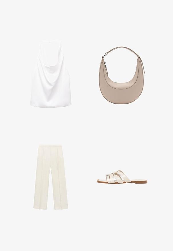 Valkoinen ilmanhihais toppi, jossa on roikkumaailma, valmistettu sileästä kankaasta. Ominaisuuksiin kuuluu pyöreä pääntie ja löysä, rento istuvuus.; Valkoiset leveälahkeiset housut vaaleassa kermassa. Valmistettu sileästä kankaasta, jossa on laskokset edessä ja sivutaskut.; Tason vaaleanruskealla kumipohjalla, jossa on kolme päällekkäistä valkoista nahkaremmiä ja pieni satiininen rusetti keskellä.; Vaaleanbeige nahkainen olkalaukku, jossa on kuu-ukko muoto, sileä pinta ja yksi kaareva kahva. Varusteena vetoketjukiinnitys ja siisti ompelu.