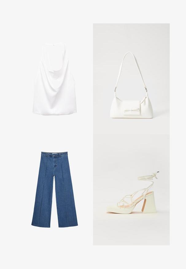 Top bianco senza maniche con schiena drappeggiata, realizzato in un tessuto liscio. Presenta un collo rotondo e una vestibilità ampia e rilassata.; Jeans in denim a gamba larga di blu medio, con vita alta, chiusura con bottone e dettagli delle cuciture verticali a contrasto lungo la parte anteriore.; Sandalo bianco con tacco alto, caratterizzato da un design a cinturini e un legaccio alla caviglia. Texture liscia con una piattaforma frontale per un'altezza aggiuntiva.; Borsa sintetica bianca a forma triangolare, con patta anteriore piatta e dettaglio a fiocco, tracolla regolabile, texture liscia e design minimalista.
