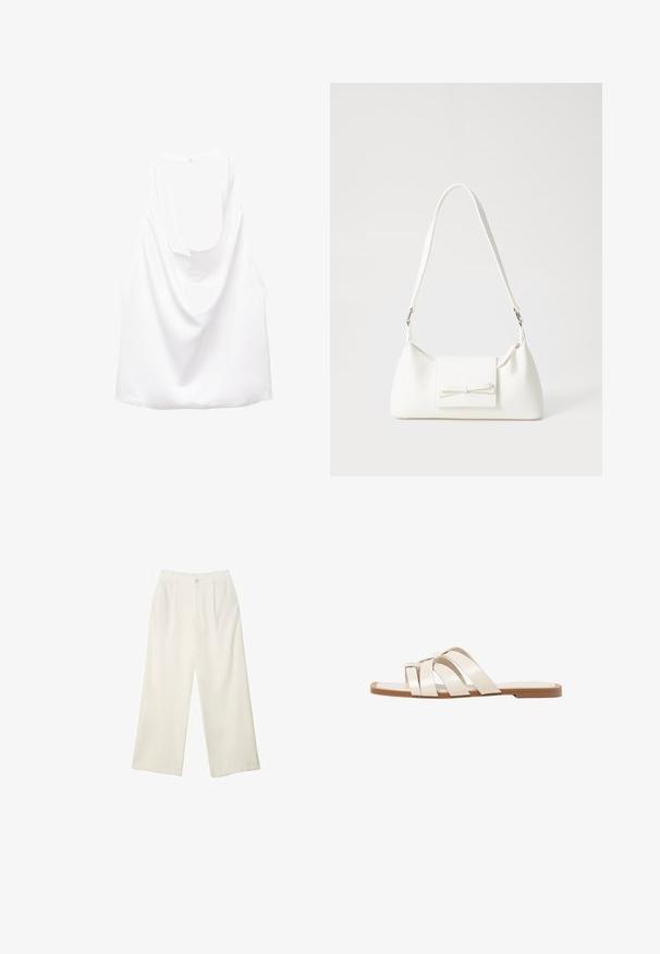 White sleeveless top with a draped back, made of smooth fabric. Features a rounded neckline and a loose, relaxed fit.; Wide-leg trousers in cream fabric with a smooth texture, featuring a single front button, subtle pleats, and a high waist design.; Flat sandals with a tan rubber sole, designed with three overlapping white leather straps and a small bow detail at the center.; White synthetic handbag with a triangular shape, flat front flap and bow detail, adjustable strap, smooth texture, and minimalistic design.