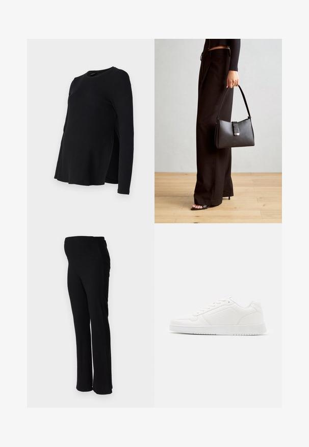 ONLY MATERNITY OLMHALLE - Langarmshirt - black; ONLY MATERNITY OLMHALLE - Stoffhose - black; Weißer Sneaker aus glattem synthetischem Material mit runder Spitze, Schnürdesign, flacher Sohle und dezenten Perforationen.; Schwarze Handtasche mit strukturierter Form, glatter Textur und einem metallischen Verschluss. Kombiniert mit weiten schwarzen Hosen und offenen Sandalen auf einem Holzboden.