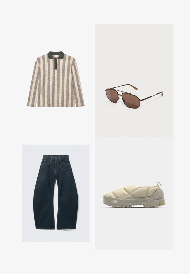 Randig långärmad polo i kräm och grå, med grön krage och fyra knappar, samt diskret broderad logodetalj.; Mörkblå jeans med vida ben i denim, med fem fickor, synliga sömmar, knappstängning och en ren finish.; Vadderad beige slip-on sko med grå Vibram-sula, rundad form och bakre ögla. Har logotyp på sidan och texturerad överdel.; Bruna oktagonala solglasögon med en tunn svart metallram, accentuerad av bruna skalmar. Mörkt tonade linser ger UV-skydd.
