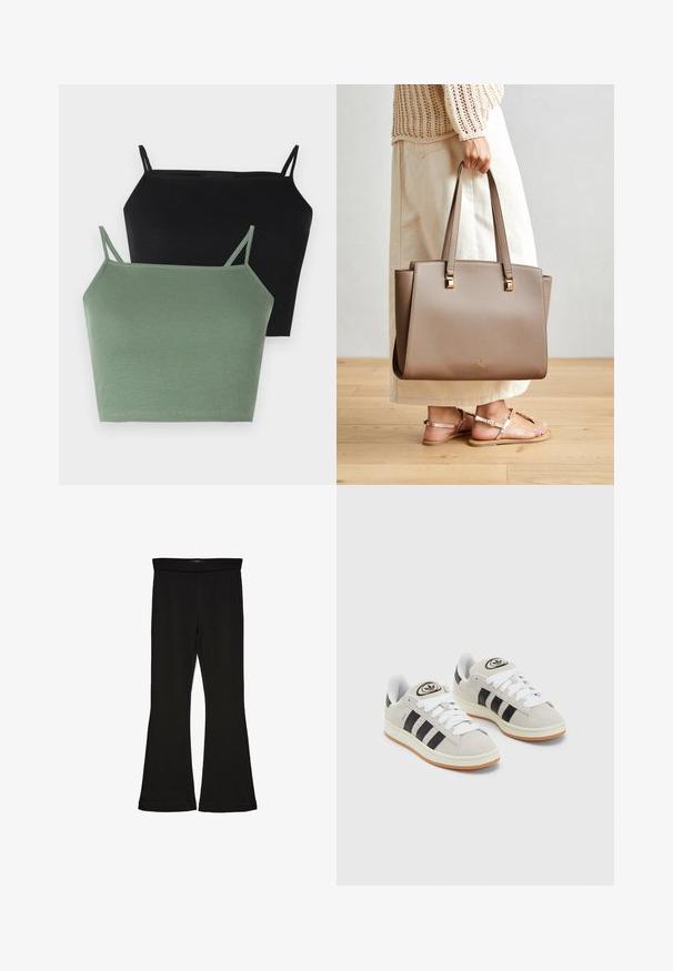 To ribbede toppe: en i sort og en i salviegrøn, med tynde justerbare stropper og en tætsiddende silhuet.; Sorte flared leggings lavet af strækbart stof. Har en bred talje og en glat tekstur, med en tætsiddende silhuet der bredder sig ved sømmen.; Grå ruskinds sneakers med hvide snørebånd, sorte striber og en hvid gummisål. Har et rundt logo på tungen og en gummisål.; Brun kunstlæder taske med to lange håndtag, firkantede metalaccenter og et subtilt logo. Båret med en lys kremfarvet nederdel og sandaler.
