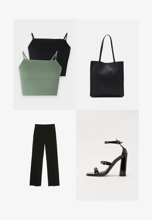Twee geribde topjes: een in zwart en een in saliegroen, met dunne verstelbare bandjes en een aansluitende pasvorm.; Zwarte wijde pantalon gemaakt van een soepele stof, met een aansluitende tailleband en subtiele plooien aan de voorkant voor extra textuur.; Zwarte gepatenteerde sandalen met hak en een vierkante neus, enkelbandjes en zilveren gespen. Heeft een stevige blokhak voor stabiliteit.; Zwarte leren handtas met een gladde textuur, rechthoekige vorm en twee lange handvaten. Geen zichtbare hardware of versieringen.