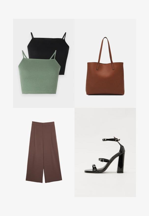 Zwei gerippte Spaghetti-Tops: eines in Schwarz und eines in Salbeigrün, mit dünnen verstellbaren Trägern und einer figurbetonten Silhouette.; Braune Weite-Leg-Hosen mit einer glatten Textur, hoher Taille und Vorderfalten. Der Stoff ist leicht und fällt locker.; Schwarze patentierte Sandalen mit Absatz, quadratischer Spitze, Knöchelriemen und silbernen Schnallen. Mit einem stabilen Blockabsatz für mehr Stabilität.; Braune Leder-Tote mit glatter Textur, offenem Oberteil und zwei Schulterriemen. Verfügt über minimale Nähte und keine sichtbaren Beschläge.