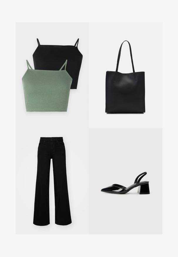 Zwei gerippte Spaghetti-Tops: eines in Schwarz und eines in Salbeigrün, mit dünnen verstellbaren Trägern und einer figurbetonten Silhouette.; Schwarze weit geschnittene Hose aus Denim, mit einem strukturierten Bund, Gürtelschlaufen und Fronttaschen. Glatte Textur mit klassischem Design.; Schwarze Lackleder-Slingback-High Heels mit spitzem Schuh und einem geometrischen Blockabsatz. Verfügt über ein schlankes, minimalistisches Design und eine glatte Textur.; Schwarze Laptoptasche aus Leder mit glatter Textur, rechteckiger Form und zwei langen Griffen. Keine sichtbaren Beschläge oder Verzierungen.