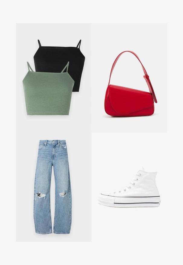 Twee geribde topjes: een in zwart en een in saliegroen, met dunne verstelbare bandjes en een aansluitende pasvorm.; Lichtblauwe, hooggeritste jeans van denim. Beschikken over wijde pijpen, twee gescheurde knievalken en klassieke vijfzakken styling.; Witte high-top canvas sneakers met een zwarte rubberen zool, een rubberen neuskap aan de voorkant en zes gaatjes voor veters, met een schone, minimalistische uitstraling.; Rode leren handtas met een hoekig, geometrisch ontwerp. Beschikt over een enkele verstelbare schouderriem en een klepclosure met gestikte details.