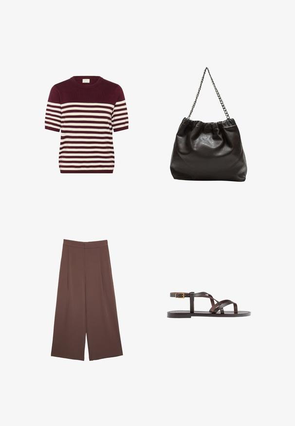 Bordeaux en crèmekleurig gestreept gebreid topje met korte mouwen, ronde hals en een zachte textuur, met gelijkmatig verdeelde horizontale strepen.; Bruine wijde broek met een gladde textuur, voorzien van een hoge taille en plooien aan de voorkant. De stof is lichtgewicht en valt losjes.; Bruine leren sandaal met kruisingen van banden, een enkelgesp-sluiting en een platte zool met minimale stikdetails.; Bruine leren tas met een geplooide bovenkant en een kettinghengsel. Glad textuur met een glanzende afwerking en subtiele naaddetails aan de zijkanten.
