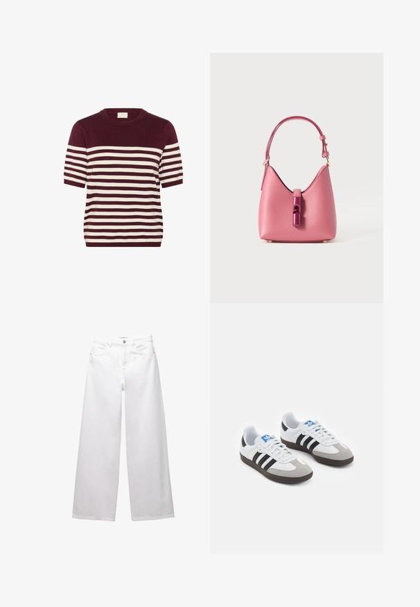 Burgundska in smetanova prugasta pletena majica s kratkimi rokavi, okroglim izrezom in mehkim materialom, z enakomerno razporejenimi vodoravnimi črtami.; Bele široke jeans hlače iz denima. Imajo gumbasto zapiranje, sprednje in zadnje žepe ter šivane šive. Gladka tekstura z minimalnimi detajli.; Športni čevlji z belim usnjenim zgornjim delom, sivim semišem na prstih in tremi črnimi črtami. Imajo modro logo na jeziku in teksturiran gumijast podplat.; Roza usnjena torbica z strukturirano obliko, ki ima sijoč zapirni mehanizem in en sam nastavljiv ročaj. Teksturna površina z zlatimi dodatki.