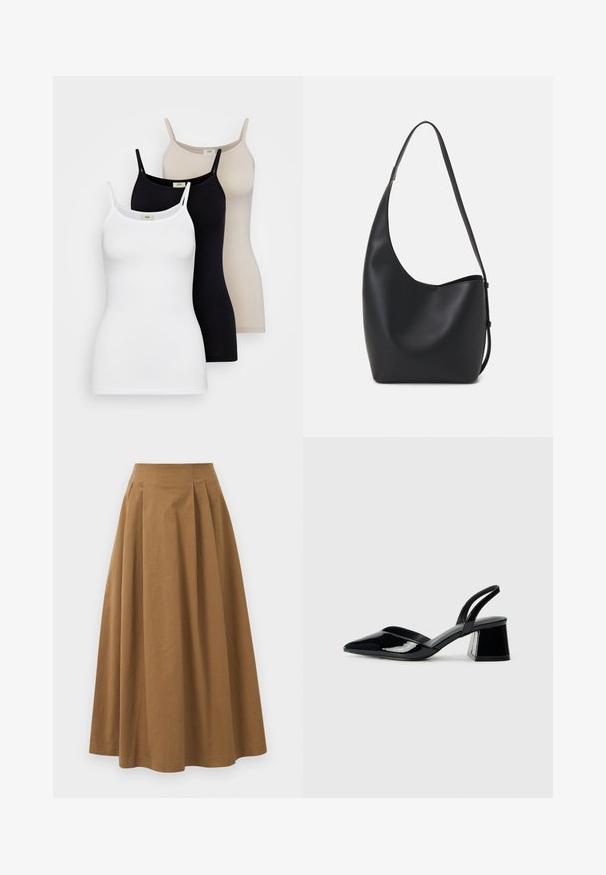 Kolm naiste särk mustades, valgetes ja nude värvides. Valmistatud siledast puuvillast, neil on õhukesed rihmad ja need on vormitud disainiga.; Pruun puuvillane A-line seelik kõrge vöökohaga, millel on voldid ees ja sile tekstuur. Pika serva viimistlus on puhas ja lihtne.; Mustad musta lakknahk kingad, millel on terav varvas ja geomeetriline plokkkonts. Omab elegantselt minimalistlikku disaini ja sujuvat tekstuuri.; Mustast nahast hobo kott, millel on sile tekstuur, kumer kuju ja üks reguleeritav rihm; peal on lai avaus.