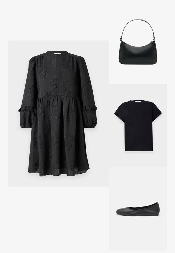 Iro TABITHA - T-shirts basic - black; Hofmann Copenhagen ERLA - Hverdagskjole - black; Sort læderballetsko med rund tå, glat tekstur, minimal syning og et fleksibelt såldesign.; Sort læder skuldertaske med en buet form, enkelt fladt rem og lynlås lukning øverst. Glat tekstur med minimale hardware detaljer.