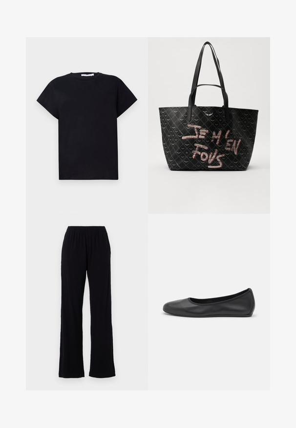 Iro TABITHA - Basic T-shirt - black; Black, lightweight, elastic waist pants with a straight leg design. Soft texture with no visible patterns or accents. Simple and versatile style.; Black leather ballet flat with a rounded toe, smooth texture, minimal stitching detail, and a flexible sole design.; Black tote bag with textured material featuring a diamond pattern, shoulder straps, and bold red and white text reading “JE M'EN FOUS.”