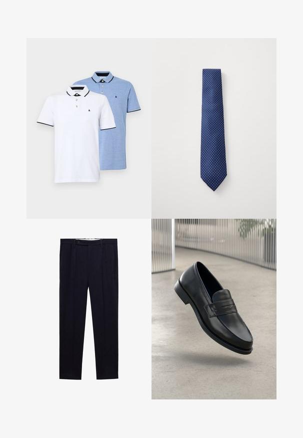 To polo shirts: en hvid med sorte accenter og en lys blå meleret. Hver har en krave og en to-knaps placket med logo.; Mørkeblå bukser med lige ben, dobbelte plisseringer og knaplukning i taljen. Fremstillet af et glat stof uden mønstre.; Sort lædersko med glat tekstur, spids tå og en dekorativ rem over vristen. Letvægts sål, minimalistisk design.; Marineblå slips med et lille hvidt prikkemønster, lavet af glat stof, med spids ende og standard bredde.