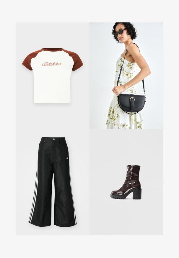 Majica kratkih rukava s bijelim tijelom i smeškim raglan rukavima. Sadrži "Dickies" u stiliziranoj prošivenoj oznaci preko prsa. Glatka tekstura.; Crne široke traper hlače s tri bijele pruge sa svake strane i malim bijelim logom. Ima prednje džepove i preklop s gumbom.; Sjajna burgundska čizma do gležnja s debelim crnim potplatom, koja se odlikuje glatkom teksturom i jednostavnim dizajnom. Nema vidljivih kopčanja ili uzoraka.; Crna kožna torba s lukovitim oblikom, odvojivim remenom i zlatnim detaljima. Torba ima preklop s kopčom.