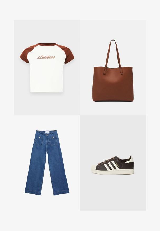 T-paita lyhyillä hihoilla, jossa on valkoinen vartalo ja ruskeat raglan-hiat. Etupuolella on tyylitelty "Dickies" -kirjonta rinnassa. Sileä pinta.; Denim leveled-leg farkut keskisinisellä pesulla, kahdella etupussilla, joissa on nappisuljenta, ja ommelluilla yksityiskohdilla helmoissa.; Matala Adidas Superstar -tennari tummanruskeasta nahasta, jossa on kermahtava kuorikärki, valkoiset raidat ja "Superstar"-teksti sivussa.; Ruskea nahkainen olkalaukku, jossa on sileä pinta, avoin yläosa ja kaksi olkahihnaa. Omaavat vain minimaalisen ompelun eikä näkyvää metalliosaa.