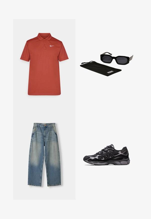 Crvena polo majica izrađena od glatkog materijala, s klasičnom ovratnikom i tri dugmeta, s bijelim Nike logotipom na lijevoj strani prsnog koša.; Svijetloplave široke traperice s izblijedjelim završetkom, dizajnom s pet džepova i nerazrezanim rubom. Imaju prednje kopčanje na dugme i zatvarač.; Crne atletske tenisice s gornjim dijelom od mrežaste tkanine i antilopa, koje se odlikuju teksturiranim dizajnom i čvrstim, pufastim sivim potplatom.; Crne naočale sa kutnim, prevelikim okvirom i tamnim staklima, u pratnji crne mikrofiber torbice s logom.