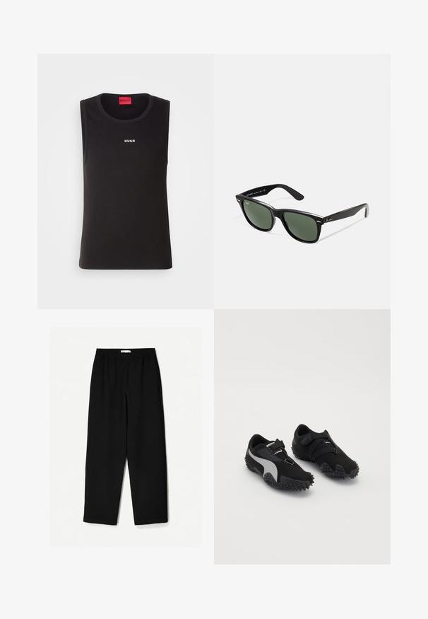 Tricou negru fără mâneci, fabricat din bumbac moale, cu guler rotund și un logo alb "HUGO" pe partea din față. Design simplu și ajustat.; Pantaloni negri, largi, confecționați dintr-un material ușor. Au o talie elastică și o textură netedă. Fără modele vizibile sau accesorii metalice.; Pantofi sport negri cu talpă texturată, o siluetă elegantă și un design cu accente gri; au o curea de prindere sigură și un sistem de șireturi.; Ochelari de soare din plastic negru cu lentile verzi, rame pătrate, accent argintiu pe sprânceană și brațe texturate. Marca este menționată pe brațul interior.; Ceas de mână din metal argintiu, cu carcasă pătrată, cadran alb, cifre romane și brățară cu zale argintii. Dispune de un design rezistent la apă.