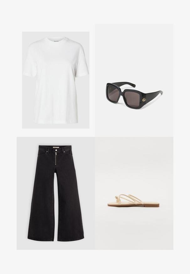 Valkoinen puuvillapaita, jossa on lyhyet hihat ja pyöreä kaula-aukko. Ominaisuuksiin kuuluu rento istuvuus ja minimalistinen muotoilu ilman kuvioita tai koristeita.; Mustat leveälahkeiset farkut, joissa on vetoketjufrunti, viisi-taskuinen muotoilu ja hienovaraiset ompelusyyt. Sileä pinta ja rento tyyli.; Beige litte sandaalit, joissa on kolme ohutta remmiä ja pieni pyöreä kultainen yksityiskohta. Sileä materiaali minimalistisella muotoilulla ja ruskea pohja.; Mustat ylisuuret aurinkolasit tummilla linsseillä, kiiltävä muovinen kehys, pyöreä neliömäinen muoto ja kultaiset keskenään linkitetyt GG-logo sivulla.; Musta tekonahkalaukku, jossa on tikattu pinta, kaareva muoto, hopeinen ketjuolkaintai ja pieni logovariointi etupuolella.