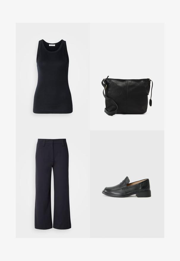 Top preto de alças feito de um tecido macio e elástico. Apresenta uma gola redonda e alças largas, com uma silhueta ajustada e textura suave.; Calças largas de tecido azul marinho escuro. Apresentam uma frente lisa, passantes para cinto e bolsos laterais. O material é suave com um ligeiro alongamento.; Mocassim de couro preto com um salto baixo, apresentando um design costurado e estilo slip-on, contra um fundo branco liso.; Mala de ombro em couro preto com forma plana, detalhes em metal dourado e alça ajustável. Textura suave com detalhes de costura mínimos.