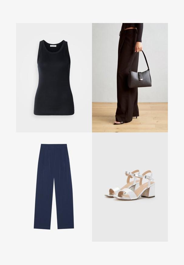 Juodas tanktopas, pagamintas iš minkštos, elastingos medžiagos. Jame yra apykaklės forma ir plačios petnešos, su prigludusia siluetu ir lygiu paviršiumi.; Tamsiai mėlynos plačios kelnės, pagamintos iš minkštos medžiagos, su priekiniu raukiniu, lygiu paviršiumi ir tiesiu siluetu be matomų kišenių.; Sidabrinės aukštakulnės šlepetės su atviromis pirštinėmis, turinčios dvi plačias juostas ir suapvalintą bloko kulną. Lygus paviršius su metalizuotu apdaila.; Juodas rankinė struktūrizuota forma, lygi tekstūra ir metalinis užsegimas. Suporuota su plačiomis juodomis kelnėmis ir atvirais bateliais ant medinių grindų.