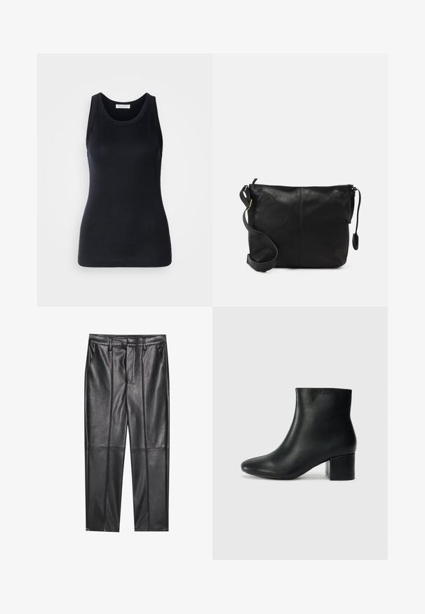 Črn top brez rokavov, izdelan iz mehkega, raztegljivega materiala. Ima okrogel ovratnik in široke naramnice, s prilagojeno silhueto in gladko teksturo.; Črne usnjene hlače z gladko teksturo, z ravnim krojem, dvema sprednjima žeparjema in vidnimi šivi.; Črne usnjene gležnjarje s koničastim nosom in debelim peto. Gladka tekstura z minimalnimi detajli in eleganten, prilegajoč dizajn.; Črna usnjena torbica čez telo s ravno obliko, z zlatimi kovinskimi dodatki in nastavljivim trakom. Gladka tekstura z minimalnimi šivi.