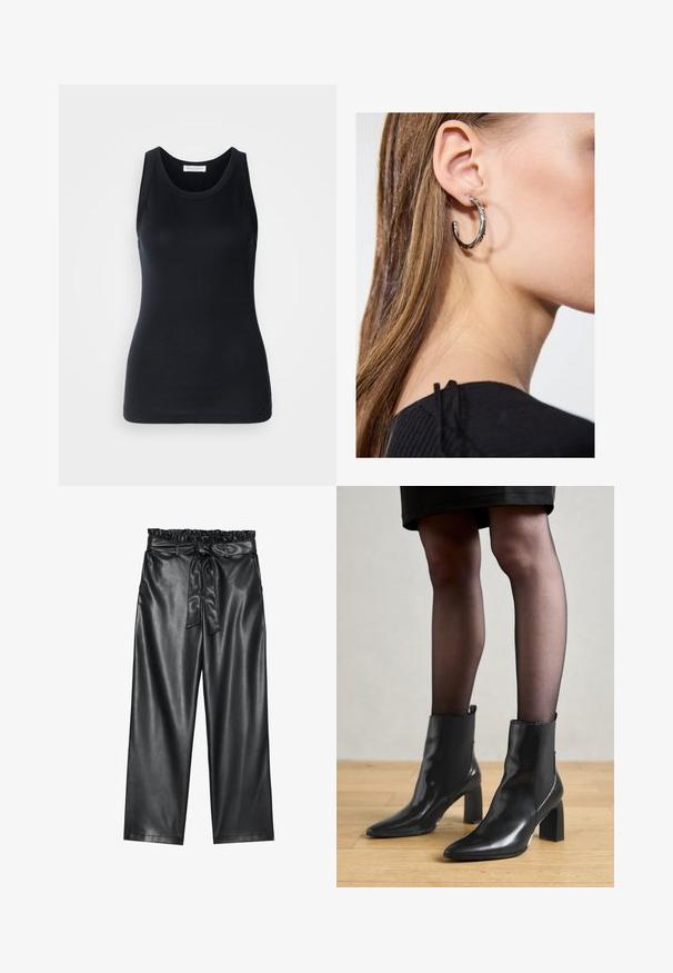 Débardeur noir en tissu doux et extensible. Il dispose d'un col rond et de larges bretelles, avec une silhouette ajustée et une texture lisse.; Pantalons larges en simili cuir noir avec une taille élastiquée à volant et une ceinture à nouer amovible. Texture lisse et éclat minimal.; Bottines en cuir noir avec un bout pointu, un talon carré épais et un design élégant. Présente des panneaux latéraux élastiques pour un enfilage facile.; Boucle d'oreille en argent avec une finition polie, présentant de petits détails en or et de forme ronde, portée sur le lobe.